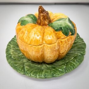 Vintage Vietri Italian Pumpkin Dish/Lid & Cabbage Leaf Plate Hand-Painted Tureen